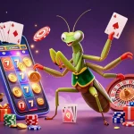 Experience thrilling wins at kingfun with a vibrant scene of a giant mantis card sharp and lucky game elements.