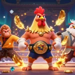 Kubet enhances excitement with a vibrant 3D scene featuring a Muay Thai rooster, Shaolin monkey, and wise crane in a dynamic betting arena.
