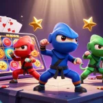 Engage in thrilling gambling with UU88 as colorful chameleon ninjas showcase excitement in a vibrant casino scene.