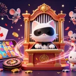 Experience the excitement of jbo with a 3D cartoon scene of a masked cat, casino games, and vibrant celebrations.