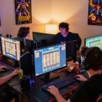 Players enjoying an exciting slot tournament on their gaming computers in a vibrant, engaging atmosphere.