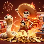 Engage with the excitement of 58win through a vibrant victory dance scene packed with slot games and gold.