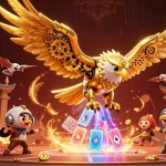 Experience winning strategies at C168’s vibrant casino scene featuring a golden eagle amidst dynamic gaming elements.