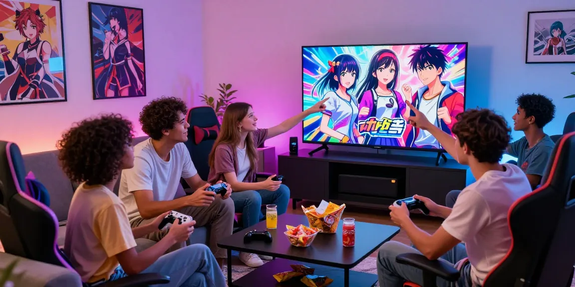 Players enjoying ecchi games online in a lively living room setting filled with snacks and gaming gear.