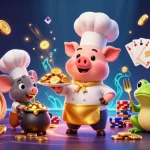 Engage with shbet's exciting offerings as a chef pig presents gold coins amid lively casino elements.