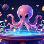 uu88 octopus dealer operates holographic poker amid glowing arcade games.