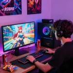 Engaging scene of a player enjoying a trans hentai game in a colorful gaming setup with LED lights and gaming gear.