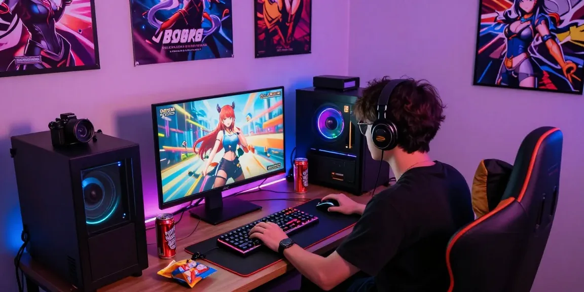 Engaging scene of a player enjoying a trans hentai game in a colorful gaming setup with LED lights and gaming gear.