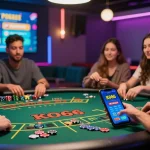 Excited users engaging with KO66 app in a lively online casino setting, showcasing interactive games and vibrant atmosphere.