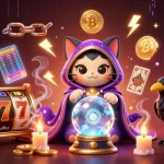 Engage with Wortel21 at an online casino featuring vibrant graphics, slot reels, and surreal characters.