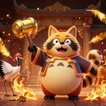 Cổng game bài đổi thưởng Sunwin features a cheerful tanuki and samurai crane amidst a vibrant, dynamic casino scene.