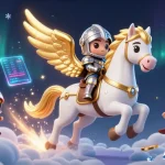 Win big at VSBET with an exciting 3D illustration featuring a celestial horse and knight amidst vibrant gambling elements.
