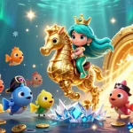 Engage in thrilling gameplay at trang chủ kjc with energetic 3D illustration featuring a mermaid and seahorse in a treasure trove.