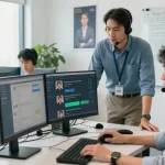 美洽客服环境中，客服人员使用高科技设备提供实时支持，提升客户体验。