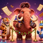 Experience GEM88's vibrant casino atmosphere with a woolly mammoth bouncer, saber-tooth tiger VIP, and dodo bird doorman amidst gaming excitement.
