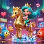 Join the fun with 777vip as the mermaid princess rides her seahorse amid vibrant casino game elements!