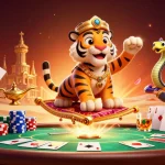 Experience the magic of iwinclub with the tiger sultan and poker-themed elements in a rich casino world.