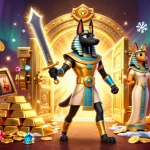 Win big with link depo 5k as Anubis and Bastet guard treasure in a vibrant 3D casino scene.