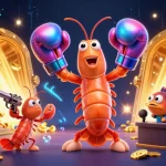 DA88 showcases a vibrant casino scene with shrimp characters amidst treasures and slot elements.