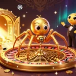 Engage in thrilling bets with 快连, featuring a gold spider and centipede dealer among sparkling gaming elements.