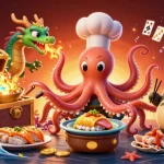 Experience thrilling wins with bk8 as the octopus chef and dragon create a vibrant casino scene.