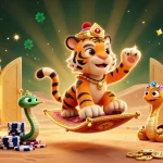 Experience the enchanting world of tỷ lệ kèo bóng đá with a vibrant 3D scene featuring a magical tiger sultan surrounded by treasures.