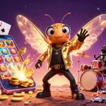Engage with 888new's vibrant casino scene featuring a cicada rock star and dynamic gaming elements.