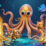 Engage with a thrilling general blog illustration showcasing a kraken and diving cat amid riches.