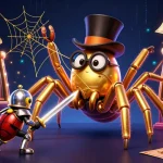 Engage with mv88 as a golden tarantula weaves a jackpot web amidst a vibrant casino scene.
