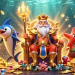 Experience the vibrant world of 23win slots with Neptune surrounded by treasures.