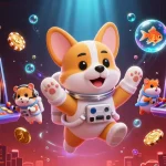 Engage with nk88nk in a vibrant space casino, featuring a corgi astronaut and animated slot elements.